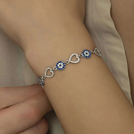 925 Ayar Gümüş Kalpli Nazar Bileklik T6034 (599599)