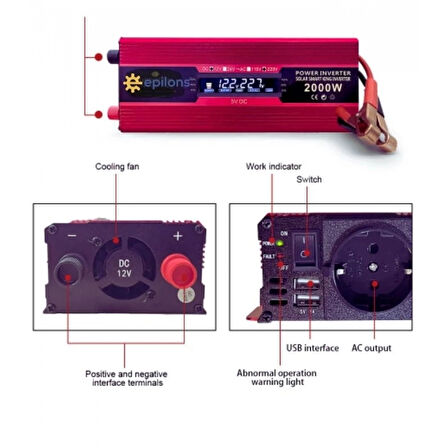 Epilons 12v 2000w Modifiye Sınus İnverter 220v Dijital Göstergeli- Taşınabilir Güç Kaynağı