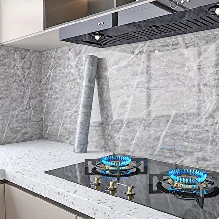 Mermer Desenli Mutfak Duvar Kağıdı Sticker - 5mx60cm Su Geçirmez, Yağa Dayanıklı, Yüksek Sıcaklığa Dayanıklı Tezgah, Dolap, Ocak Yenileme Folyosu T04