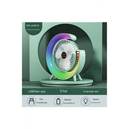 Masaüstü Vantilatör Usb Şarjlı Rgb Led Işıklı 3 Kademeli 180° Ayarlanabilir Soğutucu Fan Yeşil