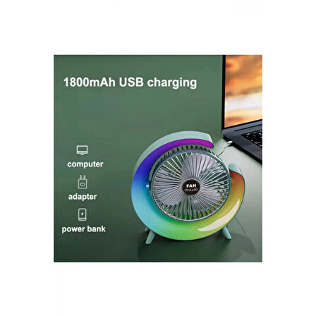 Masaüstü Vantilatör Usb Şarjlı Rgb Led Işıklı 3 Kademeli 180° Ayarlanabilir Soğutucu Fan Yeşil
