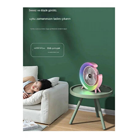 Masaüstü Vantilatör Usb Şarjlı Rgb Led Işıklı 3 Kademeli 180° Ayarlanabilir Soğutucu Fan Yeşil