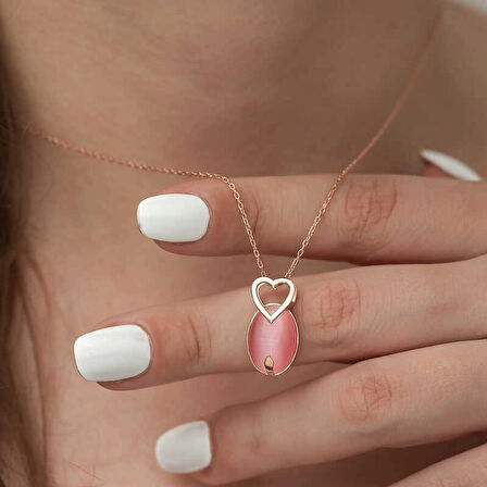 925 Ayar Gümüş Pembe Kedi Gözü Taşlı Kalp Kolye T4757 (599599)