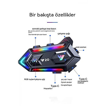Y20 Motor Kurye Kask Kulaklık Rgb Modlu Bluetooth Motosiklet Kulaklık 5.3 Bluetooth Interkom