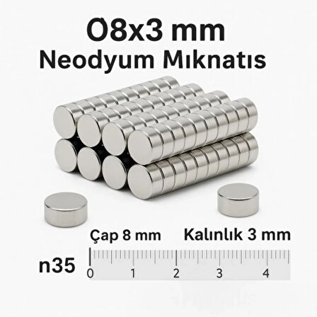 50 Adet 8x3mm Yuvarlak Neodyum Mıknatıs Güçlü Nikel Kaplamalı Kaliteli Dayanıklı Magnet