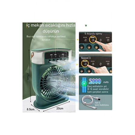 Şarjlı 600 Ml Su Hazneli Taşınabilir Masaüstü Vanilatör  Güçlü Fan Ve 2000 Mah Pil Siyah