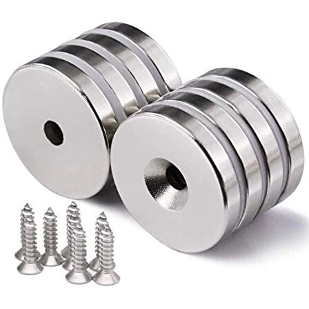 10 Adet 25x10/5x5,5 Mm Neodyum Mıknatıs Havşa Delikli Magnet Vida Atılabilir N35 Nikel Paslanmaz