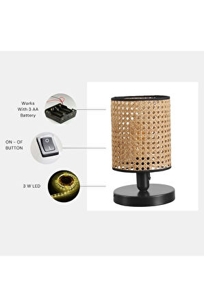 YENİ AYÇA PİLLİ SİYAH RATTAN ABAJURLU MASA LAMBASI