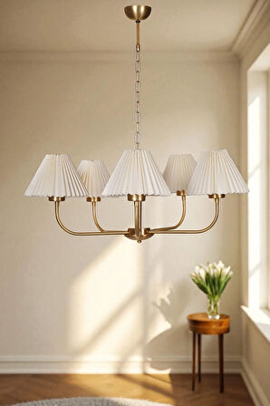 APOLLO 5 Lİ ESKİTME PİLELİ KREM ABAJURLU AVİZE