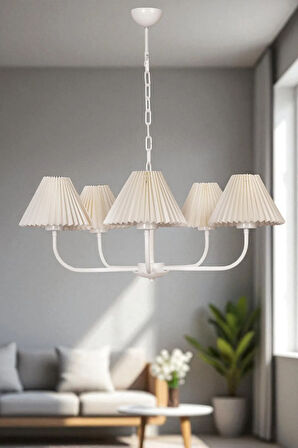 APOLLO 5 Lİ BEYAZ PİLELİ KREM ABAJURLU AVİZE