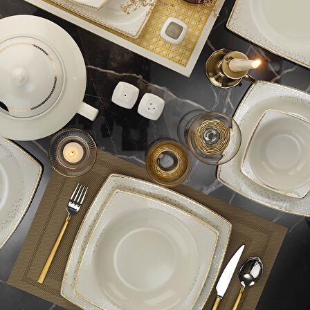 Mare 62 Parça 12 Kişilik Modern Kare Porselen Yemek Takımı