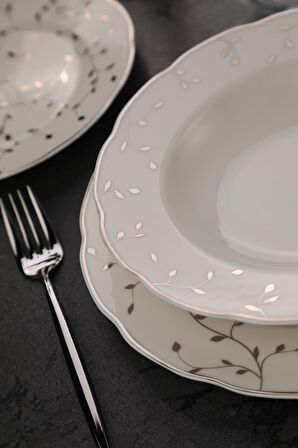 Bone Olympos 56 Parça 12 Kişilik Yemek Takımı Leaves Silver