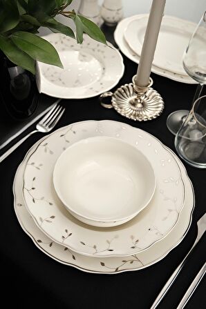 Bone Olympos 56 Parça 12 Kişilik Yemek Takımı Leaves Silver