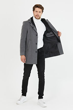 Mero Life Erkek Gri Yün Karışımlı Kaşe Kapüşonlu Önü Fermuarlı Ve Düğmeli Uzun Kaban