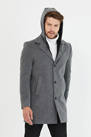 Mero Life Erkek Gri Yün Karışımlı Kaşe Kapüşonlu Önü Fermuarlı Ve Düğmeli Uzun Kaban