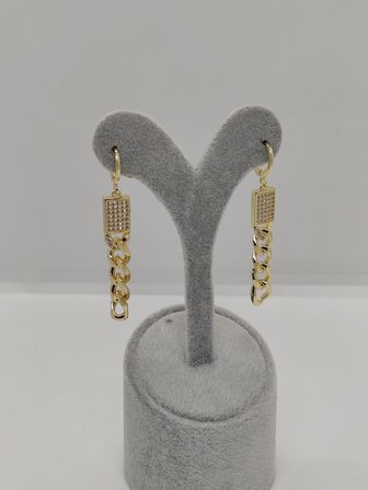 Gold Renk Zirkon Taşlı Kare Plakalı Sallantılı Gurmet Zincir Küpe