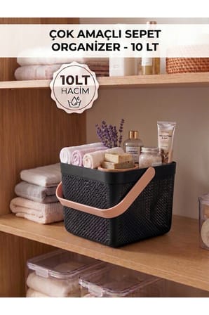 Dolap İçi Düzenleyici, Banyo, Mutfak Organizeri Kulplu Sepet, Dekoratif Saklama Kutusu, Banyo Düzenleyici Organizer 10LT