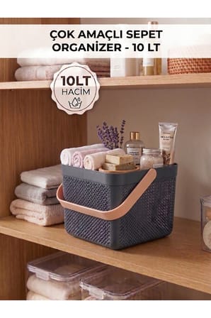 Dolap İçi Düzenleyici, Banyo, Mutfak Organizeri Kulplu Sepet, Dekoratif Saklama Kutusu, Banyo Düzenleyici Organizer 10LT