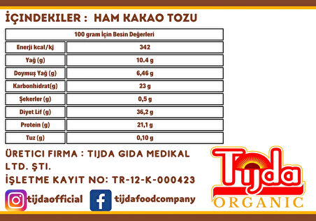Organik Ham Kakao Tozu Glütensiz - Vegan 1 Kg