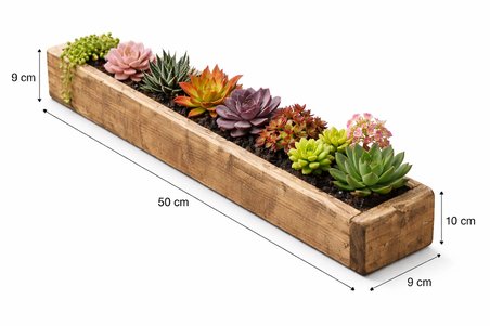 Doğal Ahşap Sukulent Bahçe Kutusu (50 cm x 9 cm x 9 cm )