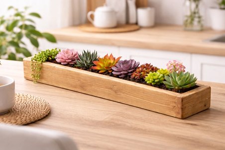 Doğal Ahşap Sukulent Bahçe Kutusu (50 cm x 9 cm x 9 cm )