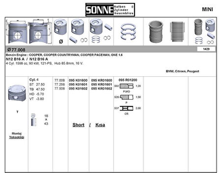 Bmw Motor Piston+segman (std) P3008 P2008 Partner Tepe 207 P308 P508 P208 P5008 C3 Picasso C4 C4 Picasso - Sonne 095kr01600