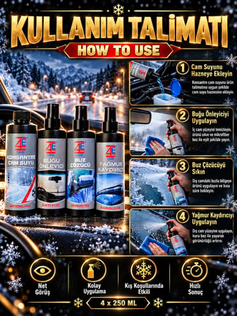 Kışlık 4'lü Oto Bakım Sprey Set Buğu Önleyici Buz Cözücü Yağmur Kaydırıcı Cam Suyu  4x250ml