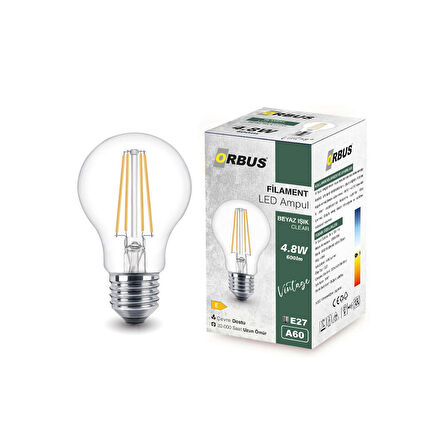 Orbus B60 4.8W Clear AMPUL Beyaz Işık E27 600lm