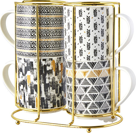 Karaca Nigrum 5 Parça Standlı Porselen Kupa/Mug Seti 4x320 ml