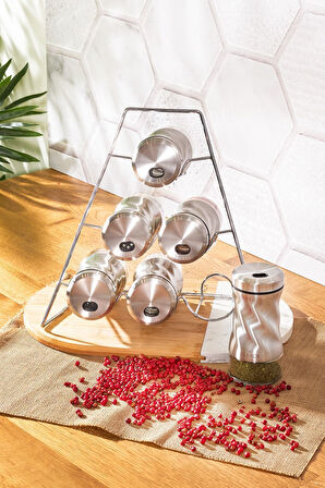 Cam Tottori Inox 7 Parça Üçgen Standlı Cam Baharat Seti 7 Parça