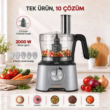 Karaca 2000 W Güçlü 10’u 1 Arada Mutfak Robotu, 1,5 L Hazne, 1 L Smoothie Blender, Kahve Öğütücü 