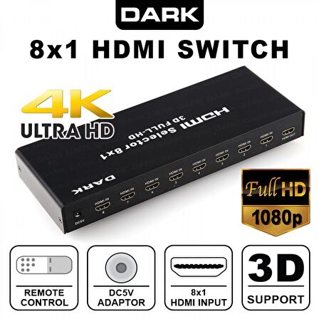 Dark DK-HD-SW8X1 8 Girişli 1 Çıkışlı Full HH Kumandalı Hdmı Swıtch Seçici