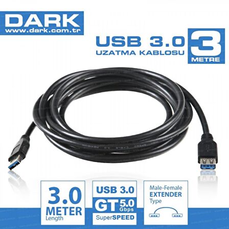 Dark DK-CB-USB3EXTL300 3 Mt USB 3.0 to USB 3.0 Erkek-Dişi USB 3.0 Uzatma Kablosu