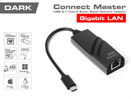 Dark DK-AC-U31XGLAN USB 3.1 Type C to 10/100/1000 Gigabit Lan Ethernet Dönüştürücü