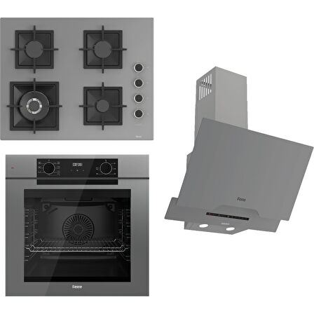 Ferre Fryart-Sılentart Serisi Gri Set (SC408-WFA + QEP63CPR +D065-SA) - Döküm Izgara / 65 cm Ocak