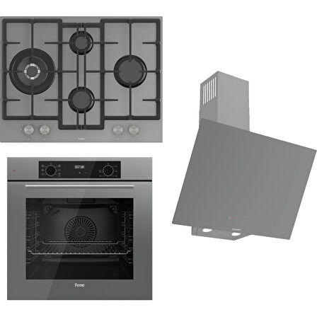 Ferre FLOWART-SILENTART Serisi Gri Set (ED078 + QBL63CPR +D079-SA) - Döküm Izgara / 67 cm Ocak