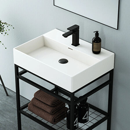 Orka Capetown 60 Cm Banyo Dolabı Takımı Beyaz Lavabo Mat Siyah