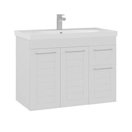 Orka Perge 85 Cm Banyo Alt Dolabı Lavabo Dahil Parlak beyaz Membran