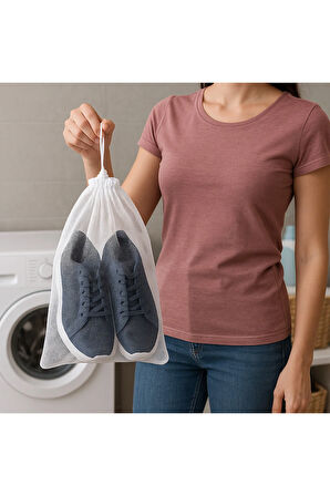 3’lü Set Ayakkabı Yıkama Filesi 35x55 cm Ağzı Büzgülü Çamaşır Makinesi Koruma Filesi