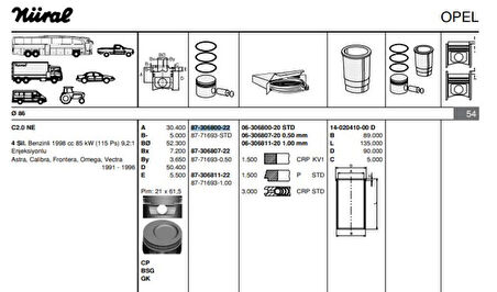 Opel Motor Piston Segman 86.00mm Std Omega A 87>93 - 20se - C20ne Astra F 92>98 - C20ne Vectra A 89>95 - - Goetze 8771693std000g