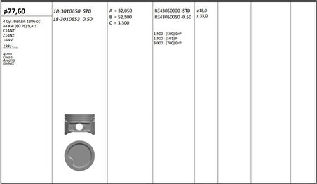 Opel Motor Piston+segmanı ( Riken )  77,60+stdmm Cap Astra Corsa Ascona Kadett C14nz-Z14nz-14nv 4 Sil. Be - Kingpiston 18-3010650