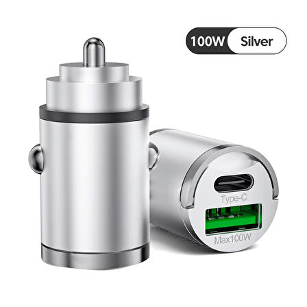 100W Mini Silver Çakmaklık USB Type-C Soketli Araç İçi Süper Hızlı Şarj Adaptörü