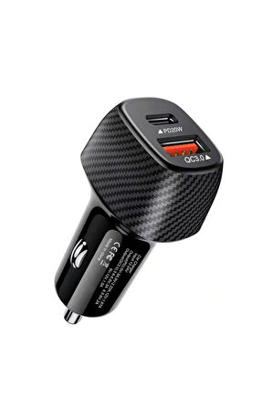 20W Karbon Desenli Araç İçi USB 3.0 Type C Soketli Çakmaklık Güç Adaptörü Tüm Cihazlar 12V-24V
