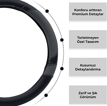 Oto Geçme Direksiyon Kılıfı Desenli Gri Detaylı Suni Deri Siyah Renk TEQ-013BK/GY