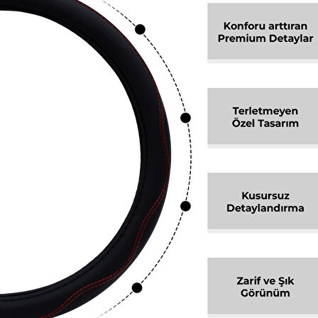 Oto Geçme Direksiyon Kılıfı Desenli Kırmızı Dikişli Suni Deri Siyah Renk TEQ-014BK/RD