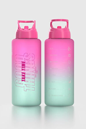 Renga Moly Çift Renk Yazı Desenli 1000 ml Pipetli Mat Tritan Matara 912117 Fuşya-Turkuaz