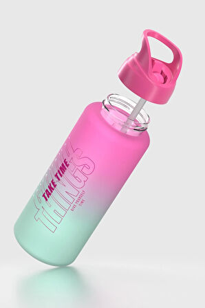 Renga Moly Çift Renk Yazı Desenli 1000 ml Pipetli Mat Tritan Matara 912117 Fuşya-Turkuaz