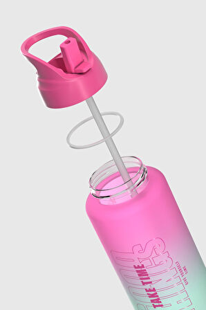 Renga Moly Çift Renk Yazı Desenli 1000 ml Pipetli Mat Tritan Matara 912117 Fuşya-Turkuaz