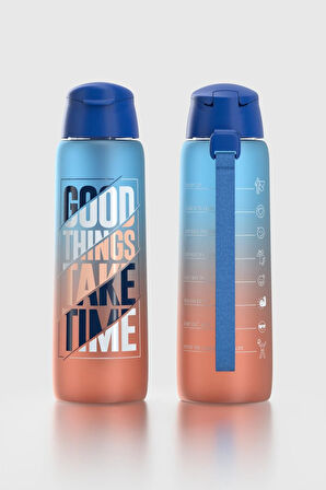 Renga Pera Çift Renk Yazı Desenli 820 ml Askılı Mat Tritan Matara 912134 Mavi-Turuncu