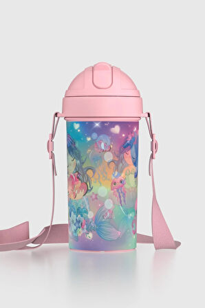 Renga Cosmo Lenticular Deniz Kızı Desenli 415 ml Pipetli Askılı PP Çocuk Matara 912149 Pembe